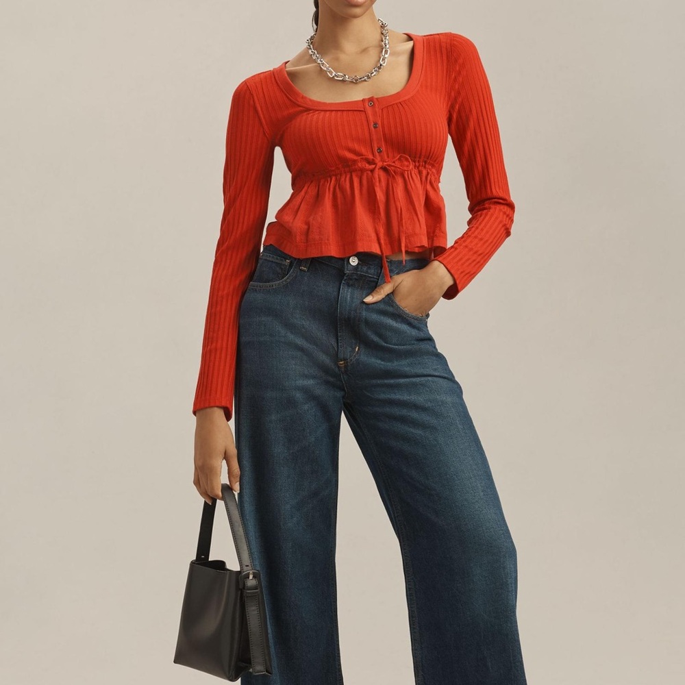 NWT Anthropologie Pilcro Long-Sleeve Scoop-Neck Babydoll Top Red Fall Peplum